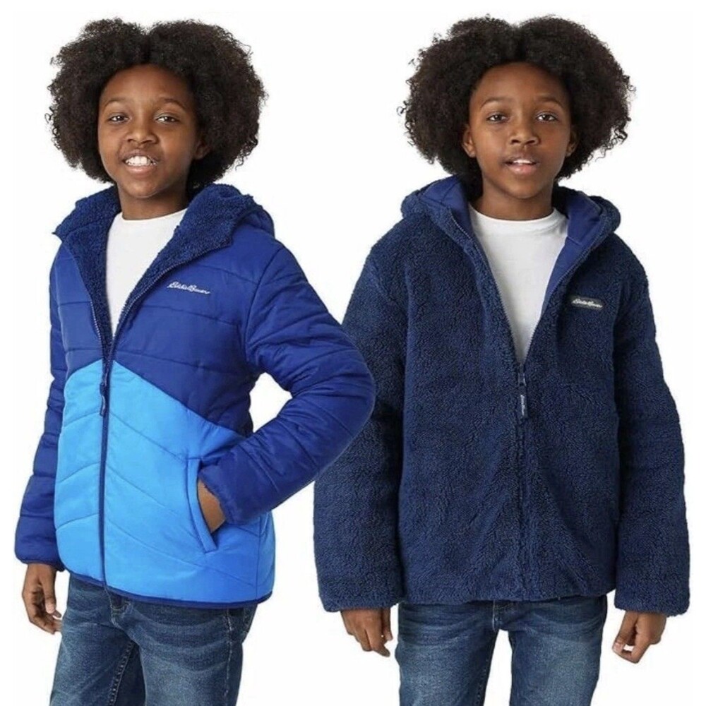 Eddie Bauer Kids Deer Harbor Reversible Hooded Puffer Jacket Blue Sz XS 5/6 EUC!